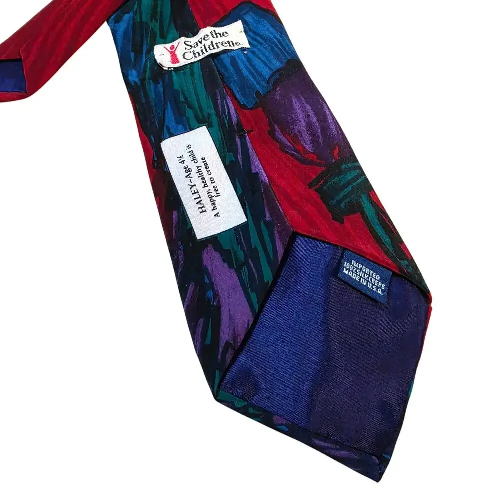 Vtg Save the Children Silk Tie Cat 90s Novelty Kid Art Abstract Orange Purple